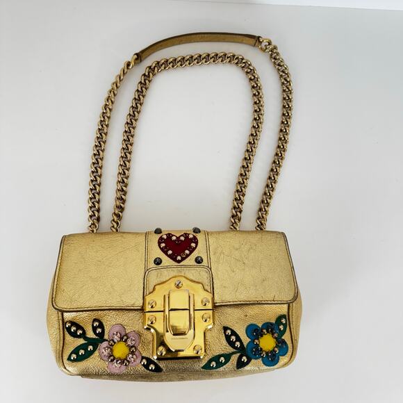 Dolce and Gabbana Lucia Metallic Gold Calfskin Embellished Shoulder Bag - Picture 4 of 16